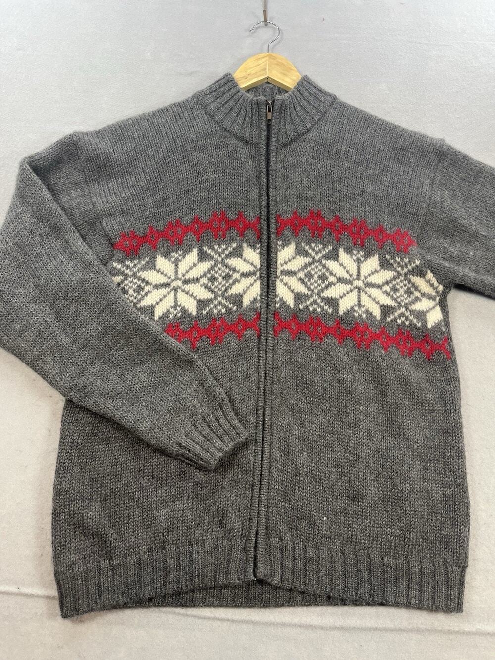 Britches Mens L 100% Wool Fair Isle Snowflake Full Zip Sweater Gray Red Nordic